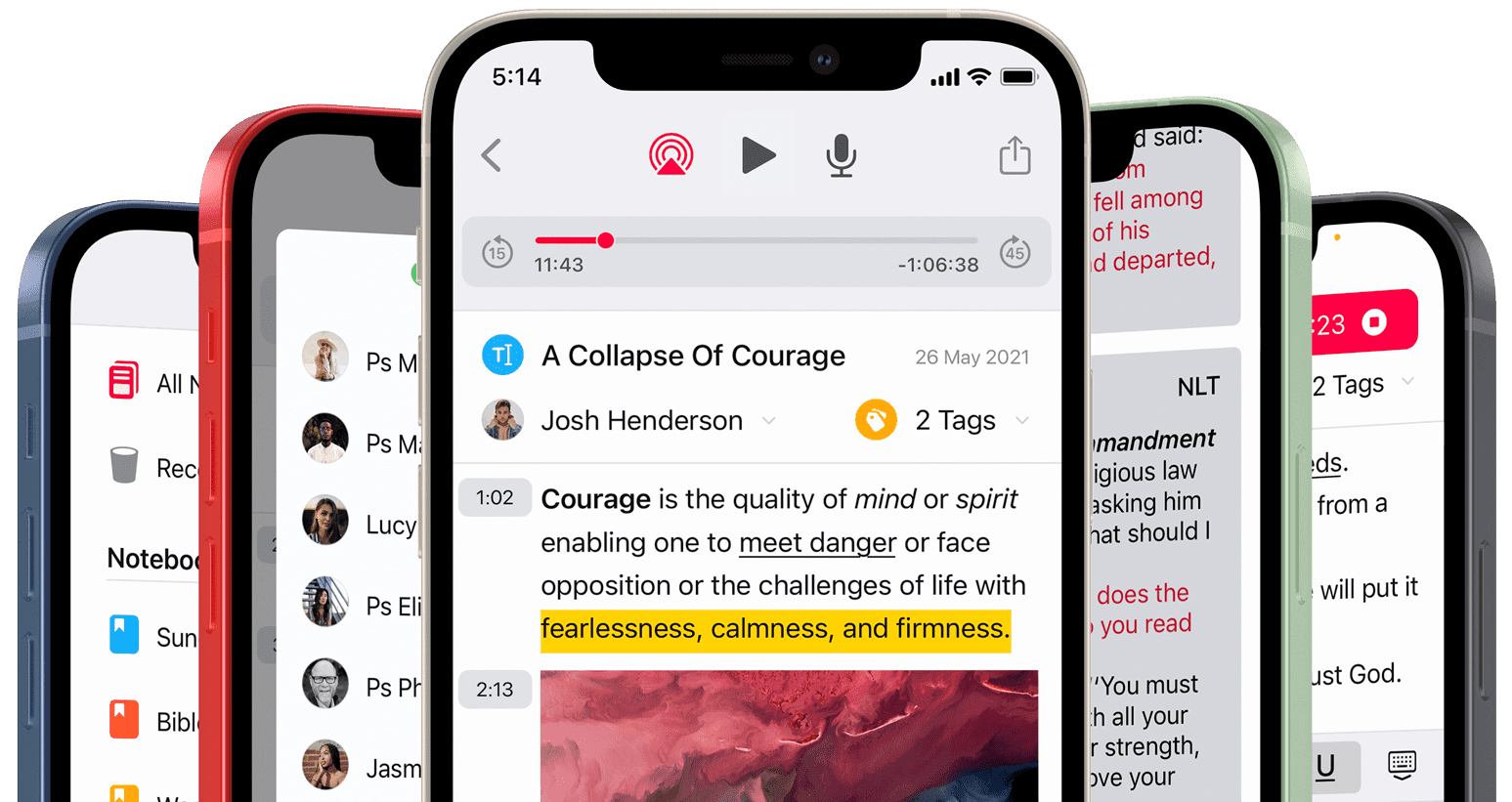 Bible notes app interface showing Bible study notes with automatic verse insertion and organization features